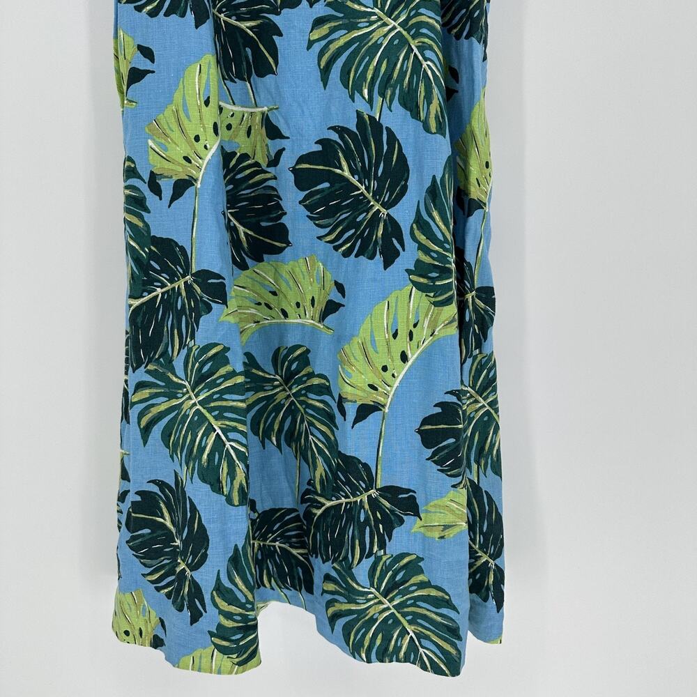 Draper James Dress Womens 4 Blue Green Leaf Linen Puff Sleeve Midi Fit Flare - Picture 3 of 10